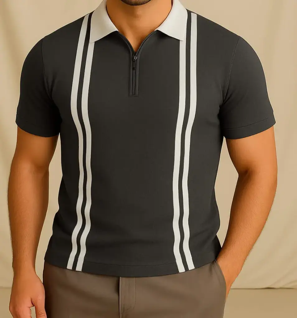 grey polo with white stripes