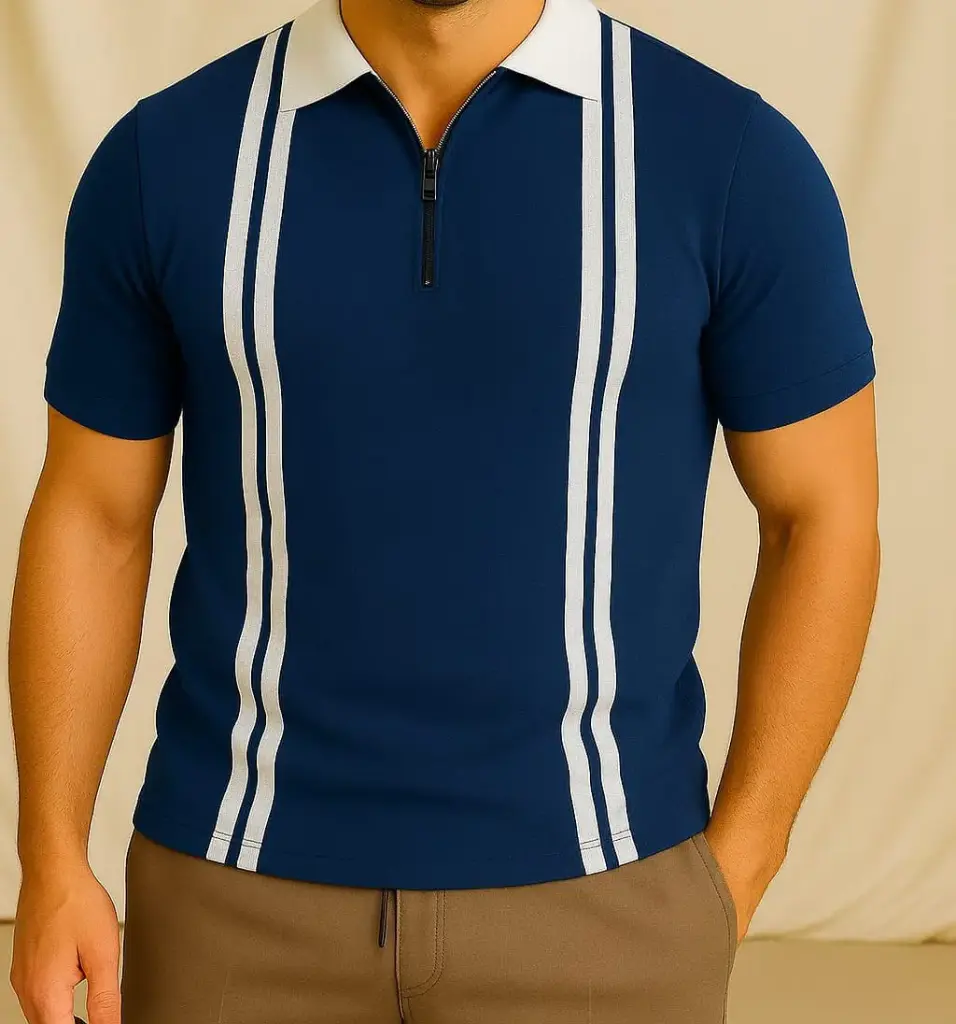 blue polo with white stripes
